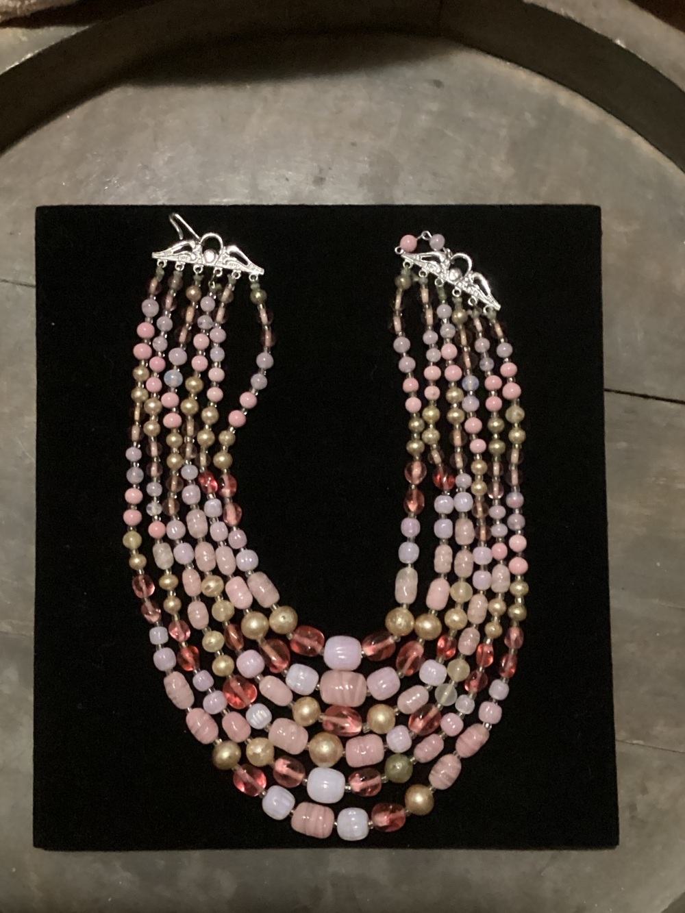 Multi-Strand Pink and Gold Glass Beaded Statement Necklace